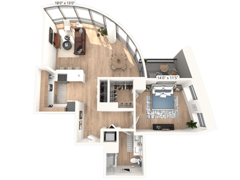 Floor plan for 1 bed, 1 bath, 849 sqft